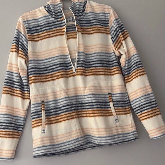 O'Neill half Zip pullover with hood 2 front side pockets cream blue brown strip - Picture 2 of 6